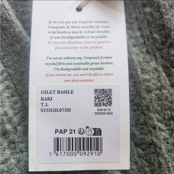 NWT Sezane Paris Gilet Basile cardigan sweater in khaki green size L - Picture 9 of 12